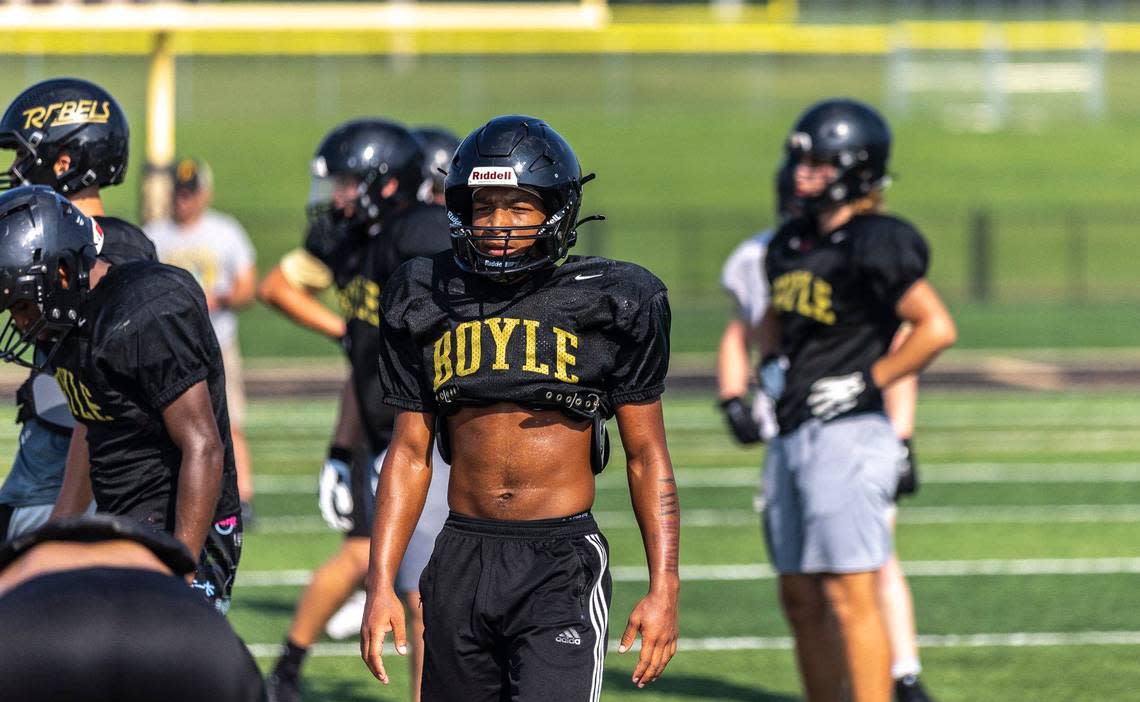 Boyle County’s Montavin “Tavi” Quisenberry prepared to line up for a play during a practice on Aug. 6 at Boyle County High School in Danville. Quisenberry, a West Virginia commit, ranks as one of the top players in the state.