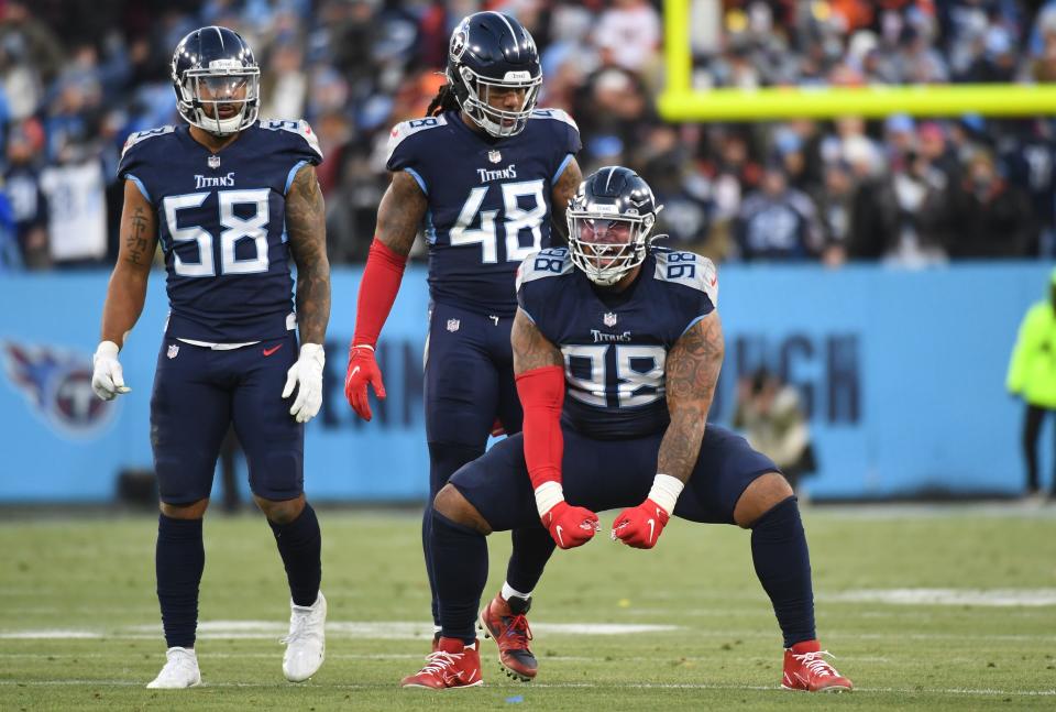 Tennessee Titans defensive lineman Jeffery Simmons  reacts after a play in the first half against the Cincinnati Bengals at Nissan Stadium.