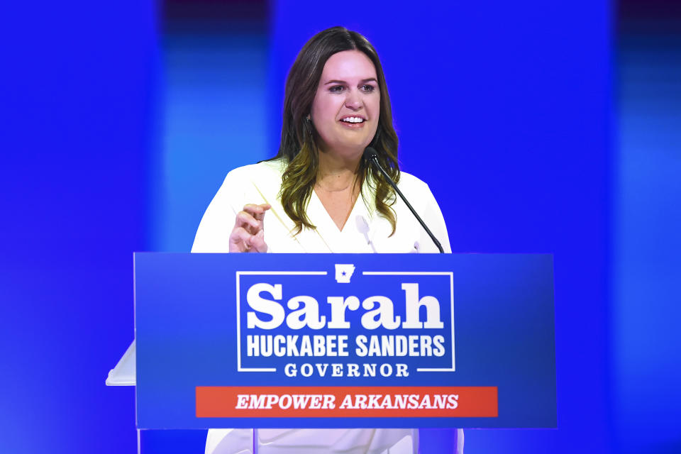 FILE - Arkansas Gov.-elect Sarah Huckabee Sanders speaks during her election night party, Nov. 8, 2022, in Little Rock, Ark. (AP Photo/Will Newton, File)
