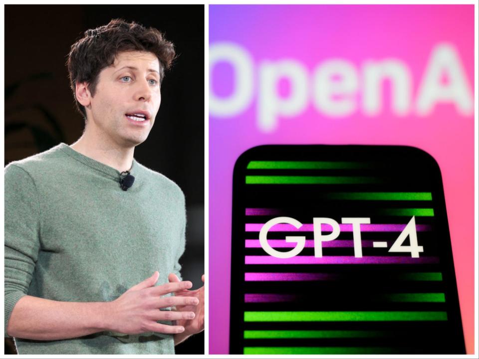 Sam Altman, der CEO von OpenAI, und eine Illustration von GPT-4 - Copyright: JASON REDMOND/AFP via Getty Images; Jaap Arriens/NurPhoto via Getty Images