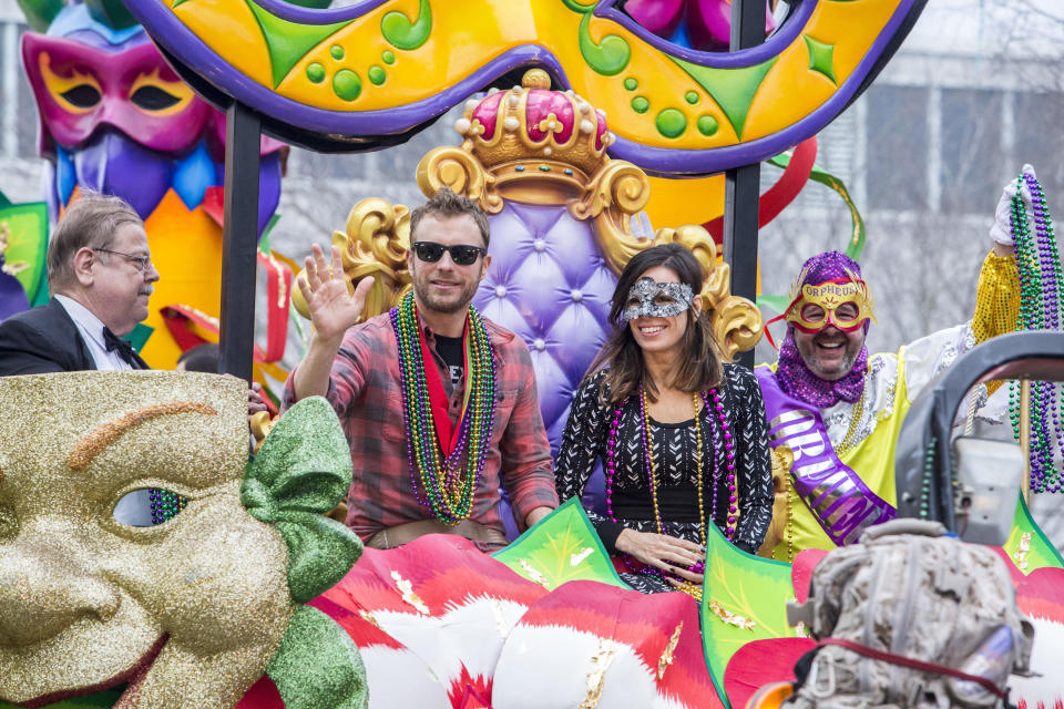 NEW ORLEANS, LA - FEBRUARY 16: Country singer Dierks Bentley and wife Cassidy Black ride as monarchs in the Krewe of Orpheus parade during Mardi Gras on February 16, 2015 in New Orleans, Louisiana. 