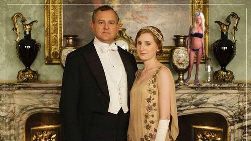 Downton Abbey promotional photo with miniature Tara Reid on the mantel