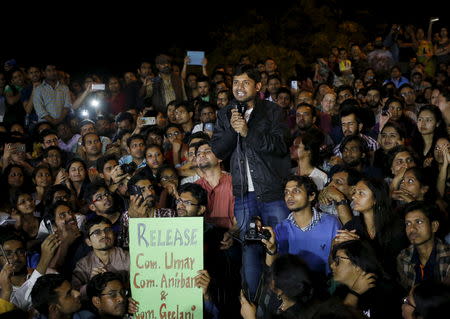 Jawaharlal Nehru University (JNU) student Kanhaiya Kumar addresses students inside the university campus after being released on bail from a Delhi prison in New Delhi, March 3, 2016. REUTERS/Anindito Mukherjee/Files