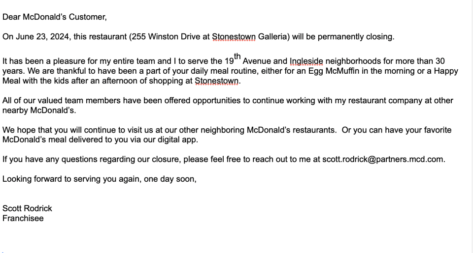A copy of the letter Scott Rodrick posted on the restaurant's door, telling Yahoo Finance, 