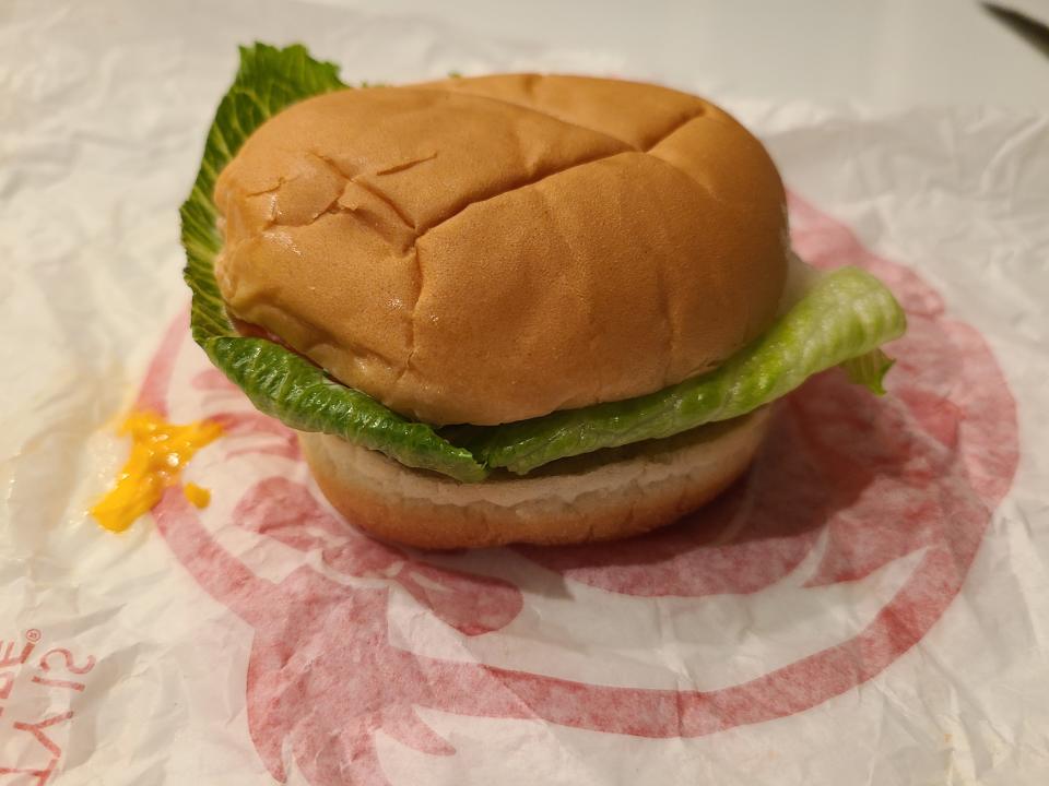 wendys jr bacon cheeseburger on white and red wrapper
