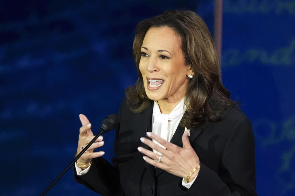 Democratic presidential nominee Vice President Kamala Harris speaks during a presidential debate with Republican presidential nominee former President Donald Trump at the National Constitution Center in Philadelphia, Tuesday, Sept. 10, 2024. (AP Photo/Alex Brandon)