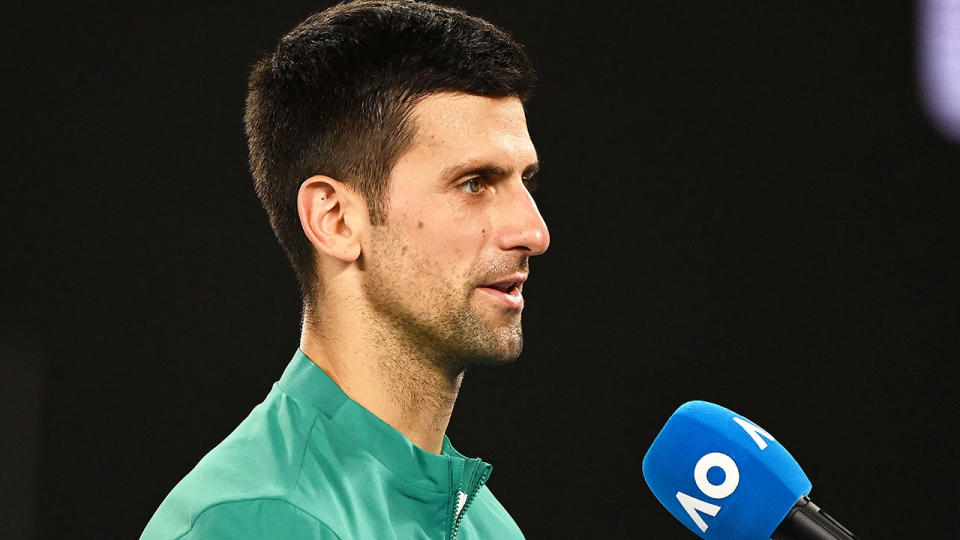 Novak Djokovic is seen here speaking after his Aus Open semi-final.