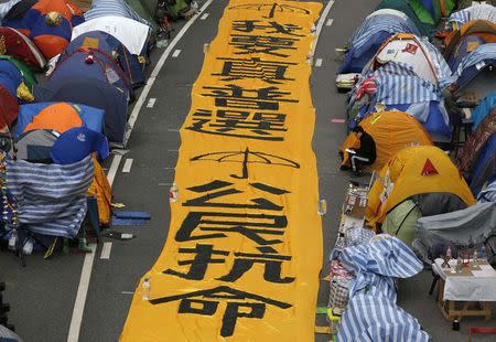 A pro-democracy protester reads a book beside a banner blocking a main road outside the government headquarters at Admiralty in Hong Kong December 7, 2014. REUTERS/Bobby Yip