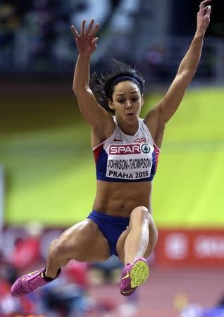 Katarina Johnson-Thompson of Britain competes in the women's pentathlon jong jump event during the IAAF European Indoor Championships in Prague March 6, 2015. REUTERS/David W Cerny