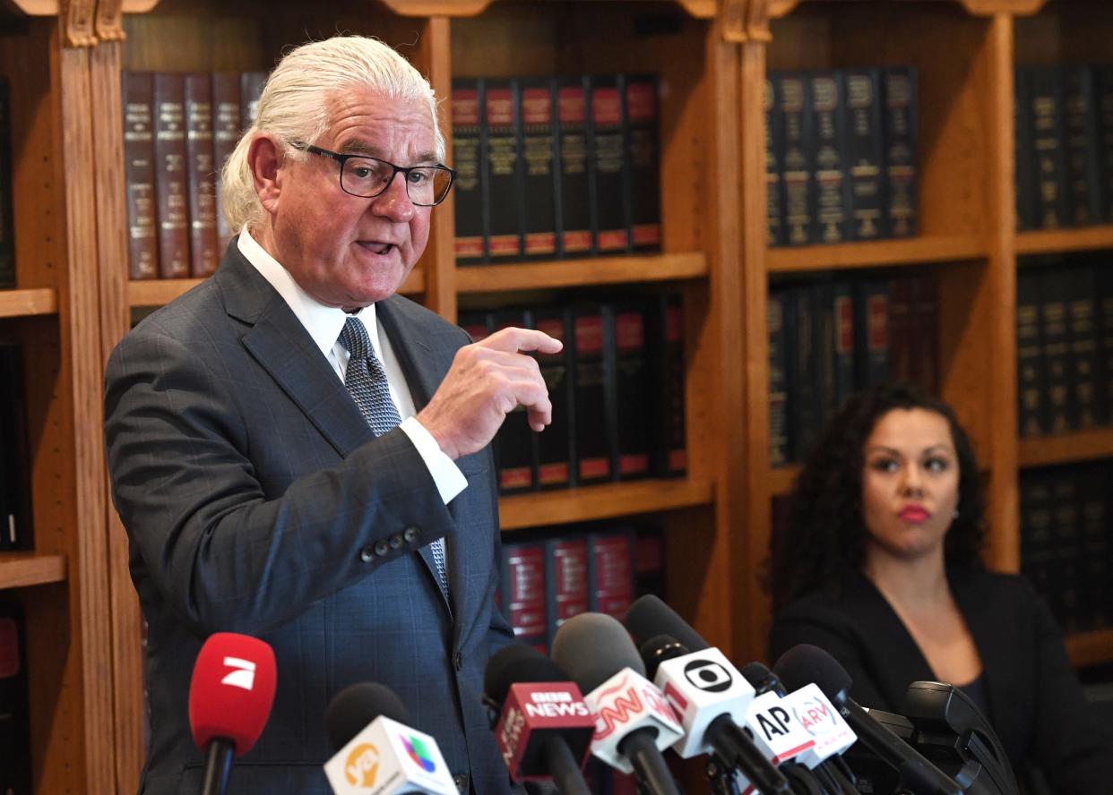 Kathryn Mayorga's attorney, Leslie Mark Stovall, speaks during a press conference on October 3, 2018, in Las Vegas, about the rape accusation against Portuguese soccer star Cristiano Ronaldo. - Kathryn Mayorga has accused Ronaldo, in a 32-page complaint filed in September with a district court in Nevada, of raping her on June 13, 2009, in Las Vegas. Ronaldo on October 3 denied the accusation. (Photo by Mark RALSTON / AFP)        (Photo credit should read MARK RALSTON/AFP via Getty Images)