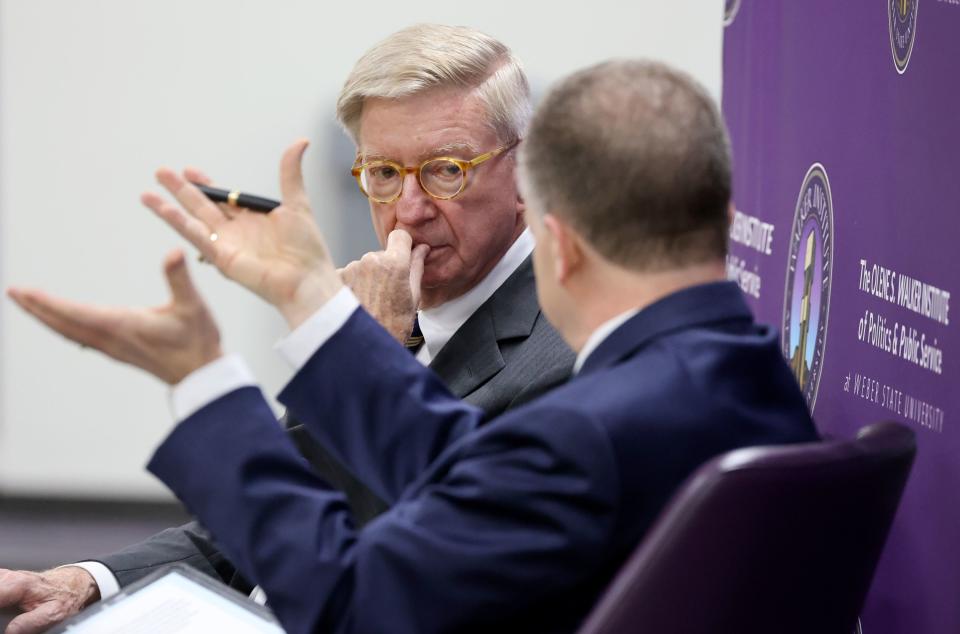 George Will, Pulitzer Prize-winning columnist, listens to KSL NewsRadio host Boyd Matheson during an event at Weber State University in Ogden on Wednesday, Sept. 6, 2023. The talk, hosted by Weber State University’s Olene S. Walker Institute of Politics and Public Service, was held in honor of Constitution Day. | Kristin Murphy, Deseret News