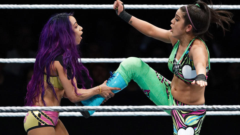 Sasha Banks, pictured here in action against Bayley in 2018.