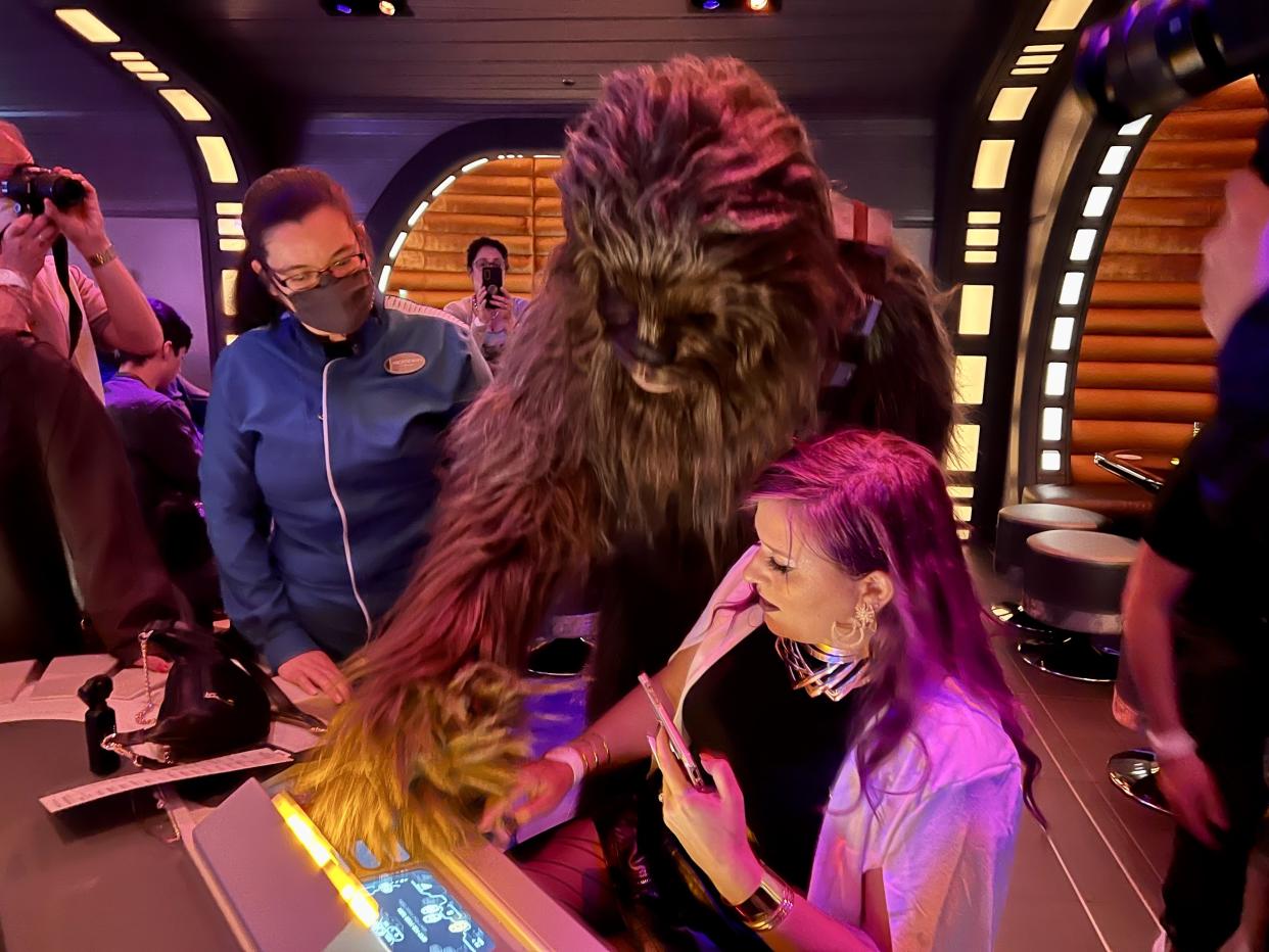 Chewbacca makes an appearance at the holo-sabacc table inside Sublight Lounge, while hiding from stormtroopers. (Photo: Terri Peters)
