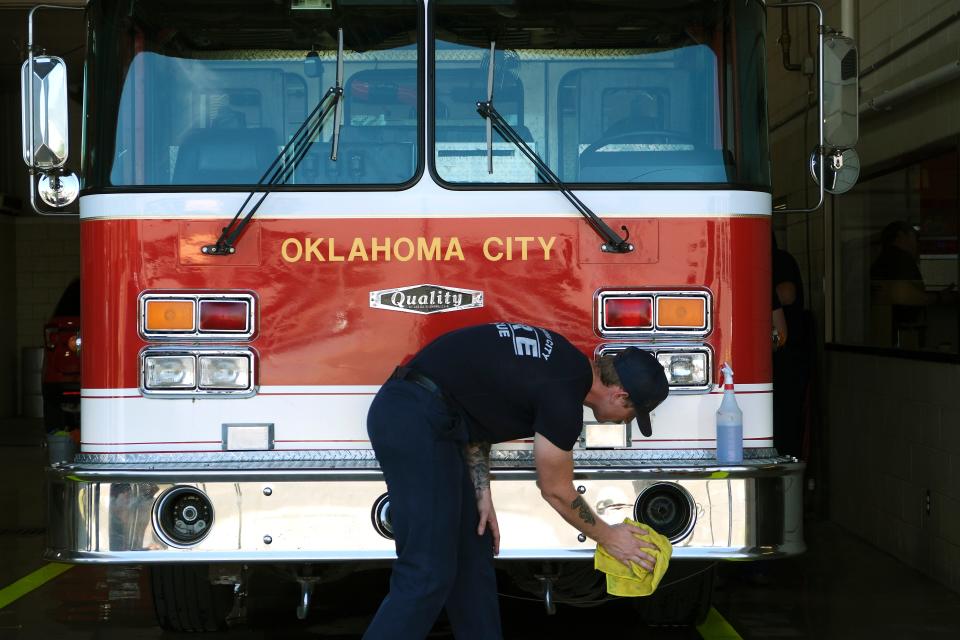 Old Engine 1, the first fire truck on-scene of the 1995 bombing, is shown being cleaned earlier this year.