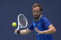 FILE - Daniil Medvedev returns a ball from Dominik Koepfer, of Germany, in their men's singles fourth round match at the Miami Open tennis tournament, Tuesday, March 26, 2024, in Miami Gardens, Fla. (AP Photo/Rebecca Blackwell, File)