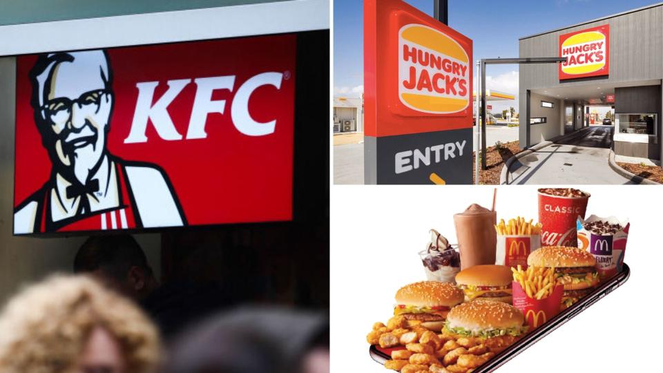 KFC sign, Hungry Jack's drive through entrance and a tray of McDonald's food.