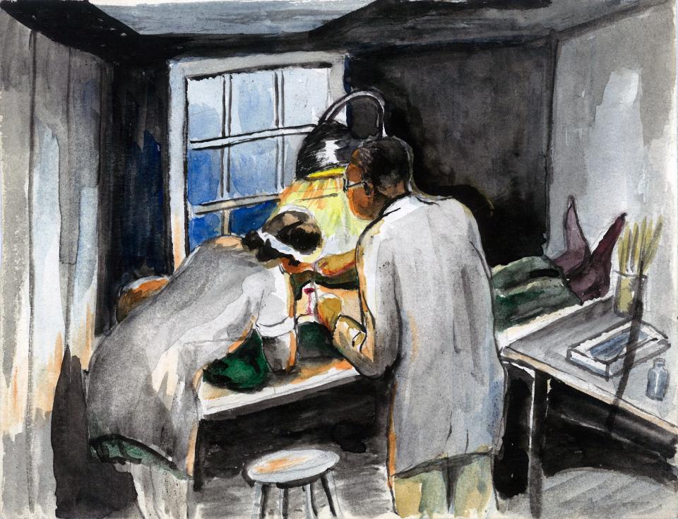 “Minidoka, doctor treating Fujii for tick (another incident).” Watercolor on paper.