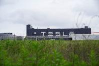 View of a Tesla sign at its factory in Shanghai