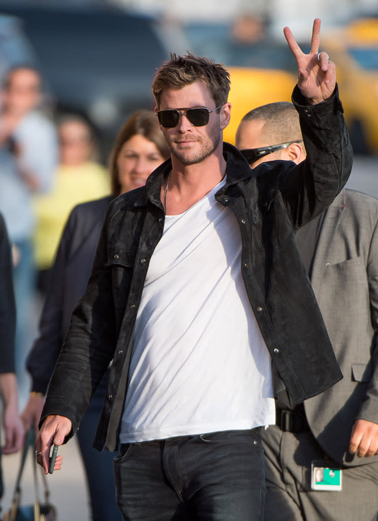 <p>Thor just wants us to give peace a chance. The actor waved to fans waiting to catch a glimpse of him before he sat down with Jimmy Kimmel on Wednesday. (Photo: RB/Bauer-Griffin/GC Images) </p>
