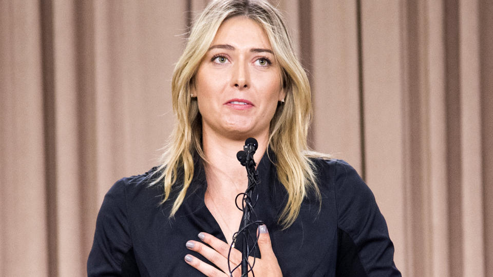 Maria Sharapova, pictured here speaking at a press conference after testing positive for Meldonium.