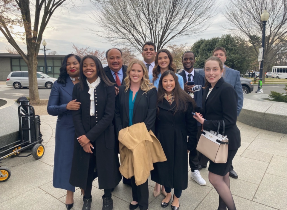 UNF Political Science students were joined by Martin Luther King III (second from left, back row), his wife, Arndrea and their daughter, Yolanda at the entrance to the Martin Luther King, Jr. Memorial in Washington, D.C. The group attended a ceremony to mark the 1968 assassination of the civil rights leader.