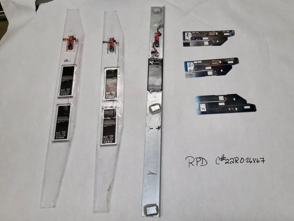 This image, provided to the Redding Record Searchlight by police in Redding, Calif., in 2022, shows skimming devices that had been attached to three ATMs there.