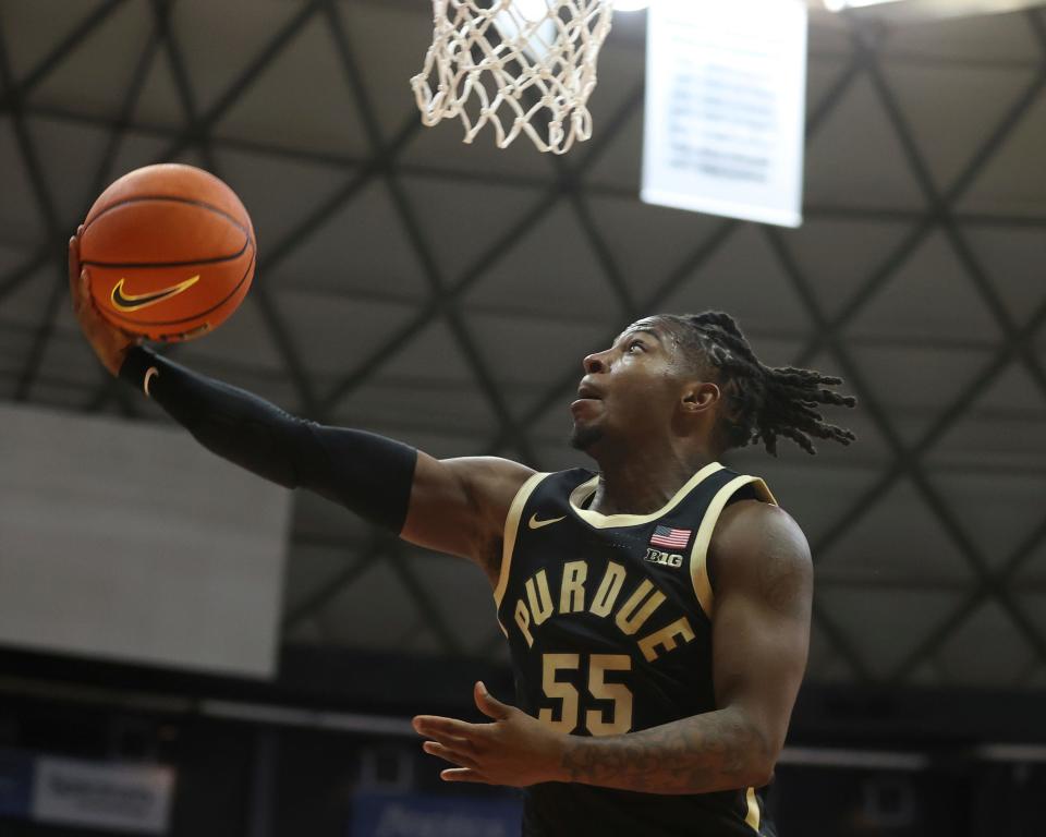 Purdue guard Lance Jones (55) in action over Gonzaga during an NCAA college basketball game, Monday, Nov. 20, 2023, in Honolulu. (AP Photo/Marco Garcia)