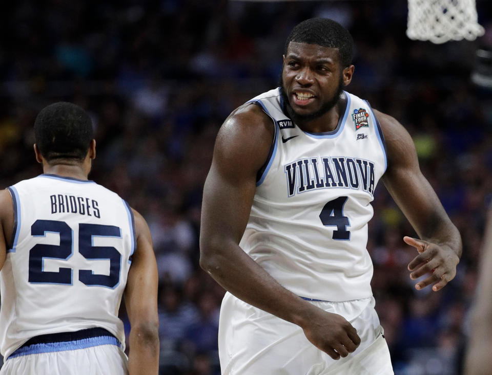 Eric Paschall hit two of Villanova’s Final Four record-tying 13 three pointers in the first half against Kansas on Saturday. (AP)