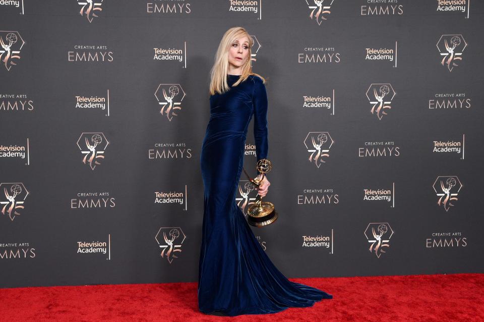 Judith Light poses with the award for outstanding guest actress in a comedy series for "Poker Face" at the Creative Arts Emmy Awards on Saturday, Jan. 6, 2024.