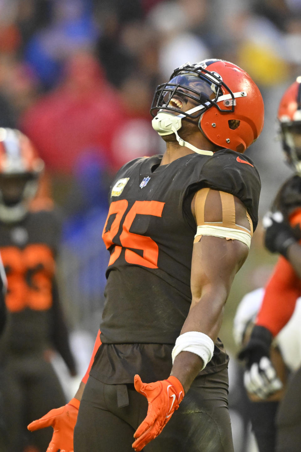 Cleveland Browns defensive end Myles Garrett celebrates after sacking Tampa Bay Buccaneers quarterback Tom Brady during the second half of an NFL football game in Cleveland, Sunday, Nov. 27, 2022. The Browns won 23-17. (AP Photo/David Richard)