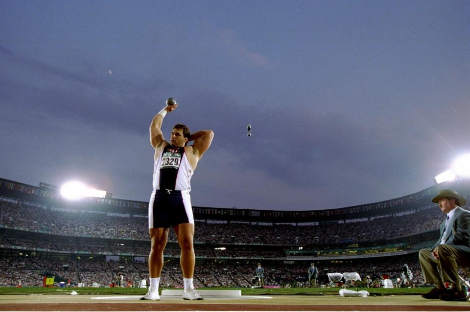 26 Jul 1996:  Randy Barnes of the USA prepares to throw the shot during the shotput competition at the Olympic Stadium at the 1996 Centennial Olympic Games in Atlanta, Georgia.  Barnes went on to win the gold medal. Mandatory Credit: Mike Powell  /Allspor