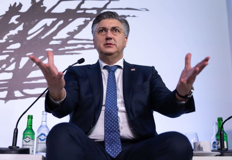 Croatia's Prime Minister Andrej Plenkovic speaks at the "Ukrainian Breakfast 2024" event during the World Economic Forum Annual Meeting 2024 in Davos. Hannes P Albert/dpa