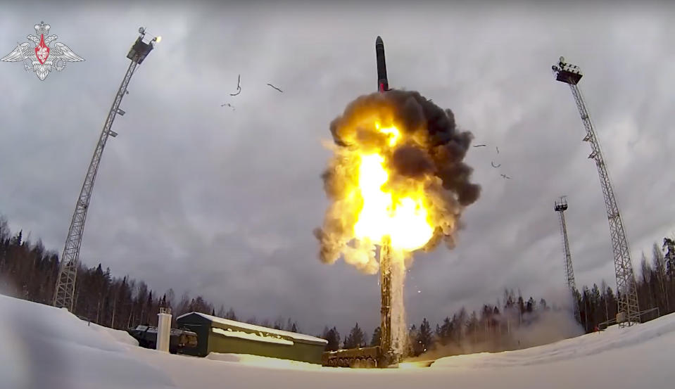 FILE - This photo taken from video provided by the Russian Defense Ministry Press Service on Feb. 19, 2022, shows a Yars intercontinental ballistic missile being launched from an air field during military drills in Russia. Sometime this summer, if President Vladimir Putin can be believed, Russia moved some of its short-range nuclear weapons into Belarus, closer to Ukraine and onto the doorstep of NATO’s members in Central and Eastern Europe. (Russian Defense Ministry Press Service via AP, File)