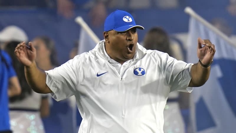 BYU coach Kalani Sitake reacts as he walks on the field before a game vs. Sam Houston State on Saturday, Sept. 2, 2023, in Provo, Utah. Sitake and his staff will be busy this month mining for talent in the transfer portal.