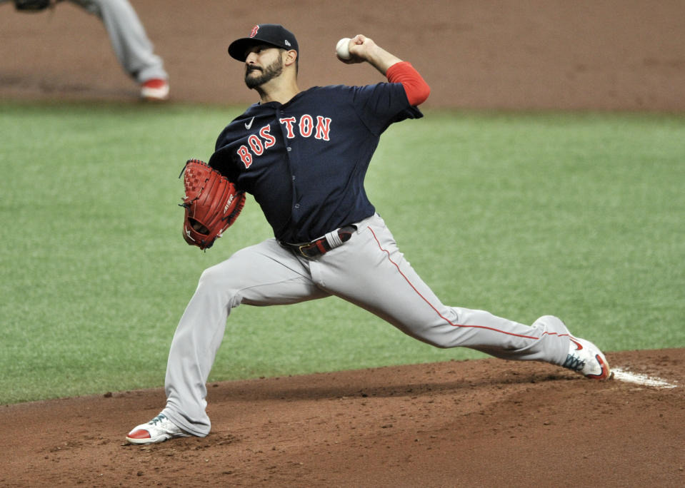 Boston Red Sox starter Martin Perez pitches against the Tampa Bay Rays during the first inning of a baseball game Sunday, Sept. 13, 2020, in St. Petersburg, Fla. (AP Photo/Steve Nesius)