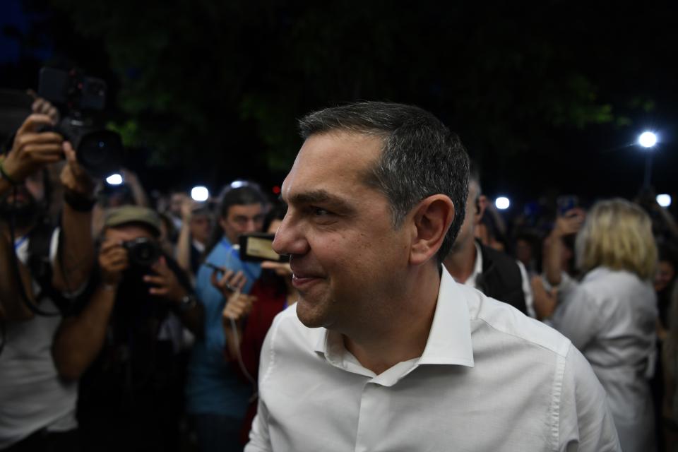 Alexis Tripras leader of the left-wing Syriza arrives at the headquarters of the party in Athens, Greece, Sunday, June 25, 2023. Official projections based on early results from Greece's second election in five weeks indicate the conservative New Democracy party has won by a landslide. (AP Photo/Michael Varaklas)