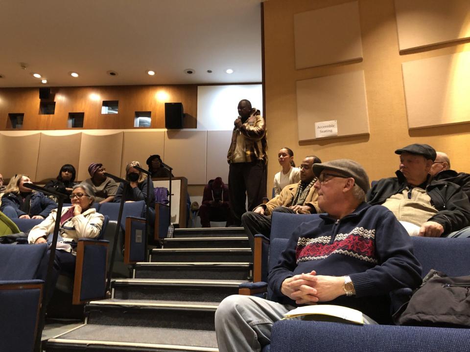 Pastor James Lilley addresses participants in a town hall held by the Utica Civilian Public Safety Advisory Board in the Munson auditorium in Utica on Jan 30,2024.