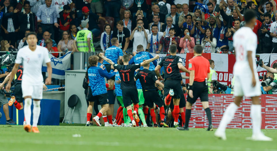 Mario Mandzukic of Croatia celebrates after scoring his team`s second goal with teammates during the 2018 FIFA World Cup Russia Semi Final match between Croatia and England. (Getty Images)