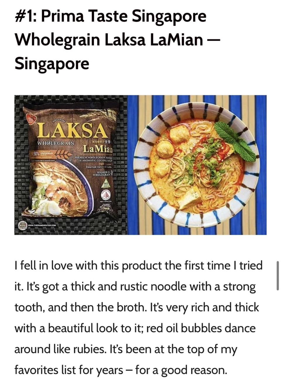 新加坡百勝廚的「叻沙全麥拉麵」奪下今年冠軍。（圖／翻攝自「THE RAMEN RATER」）