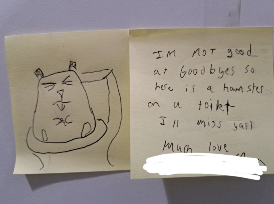 A hand-drawn sticky note depicts a hamster on a toilet. Another note reads: "I'm not good at goodbyes so here is a hamster on a toilet. I'll miss y'all. Much love."