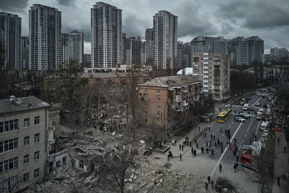 A hypersonic missile hit the Kyiv State Academy of Decorative and Applied Arts and Design named after Mykhailo Boychuk on March 25, 2024 in Kyiv, Ukraine. The State Emergency Service is conducting measures to search for people under the rubble. Overnight, Russia launched 57 missiles and drones in the attack on multiple cities, according to Ukrainian officials. (Kostiantyn Liberov/Libkos/Getty Images)