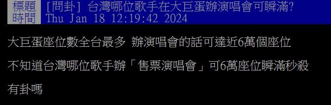 原PO好奇詢問，台灣哪位歌手在大巨蛋辦演唱會可瞬滿？（圖／翻攝自PTT）