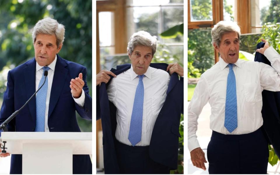 Too hot for a jacket: John Kerry addressed a sweltering Kew Gardens - GETTY IMAGES/AP