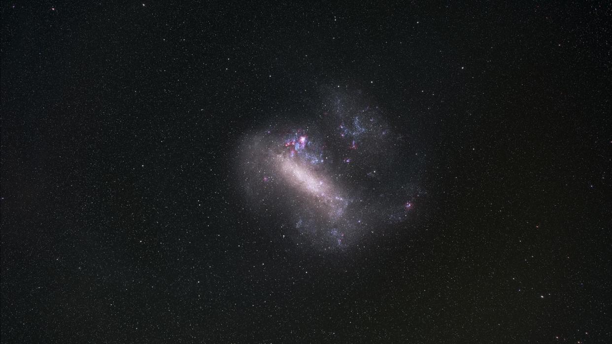  A telescope image of the Large Magellanic Cloud, a satellite galaxy orbiting the Milky Way that contains clues to the early composition of the universe. 