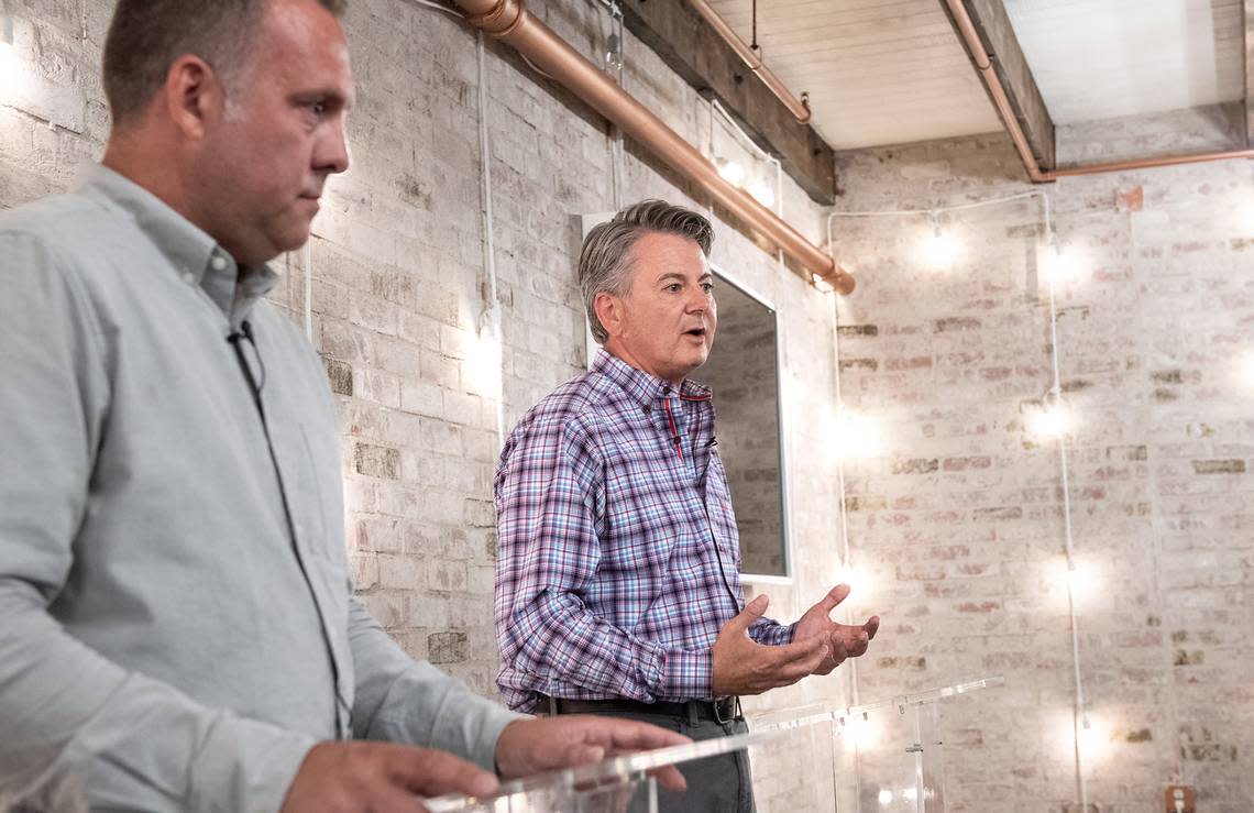 13th Congressional District candidates John Duarte, right, and Adam Gray debate in a Modesto Bee sponsored event in Modesto, Calif., Monday, Sept. 26, 2022.