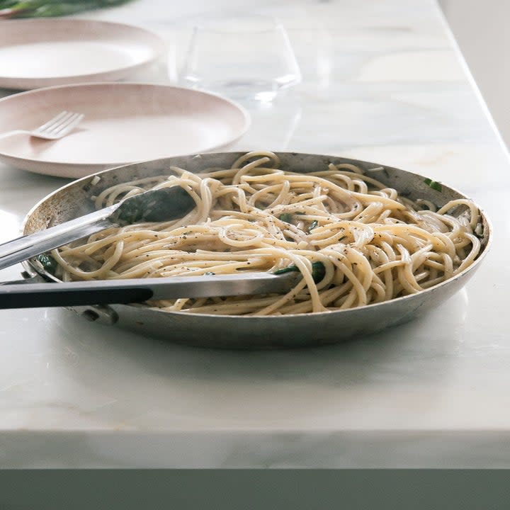 A skillet of ramp pasta.