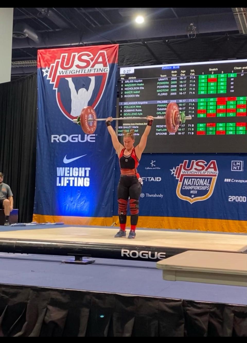 Lake Wales' Kayden Arliss lifts 180 pounds in her first attempt in the USA nationals last month. She placed fourth overall.