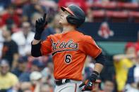 Baltimore Orioles' Ryan Mountcastle celebrates his two-run home run during the first inning of a baseball game against the Boston Red Sox, Saturday, Sept. 18, 2021, in Boston. (AP Photo/Michael Dwyer)