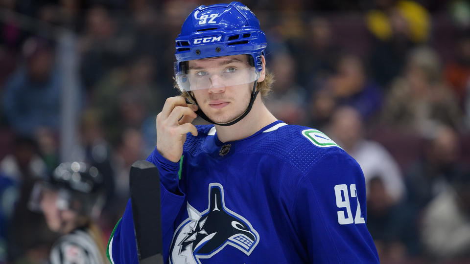 Canucks prospect Vasily Podkolzin (92) was stretchered off the ice in an AHL game on Wednesday. (Photo by Derek Cain/Icon Sportswire via Getty Images)