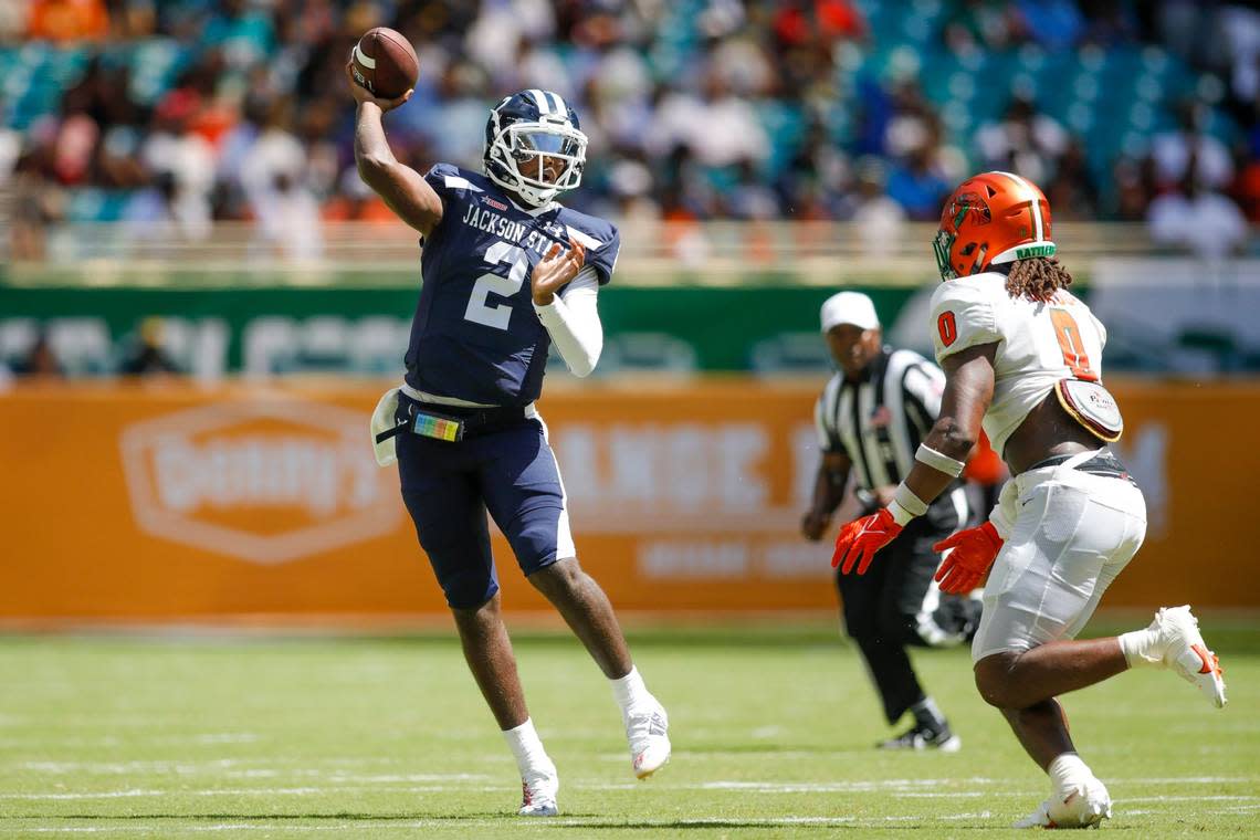 Jackson State Tigers quarterback Shedeur Sanders (2) throws the football during the first quarter of the Orange Blossom Classic against the Florida A&M Rattlers at Hard Rock Stadium in Miami Gardens, Florida, Sunday, September 4, 2022.
